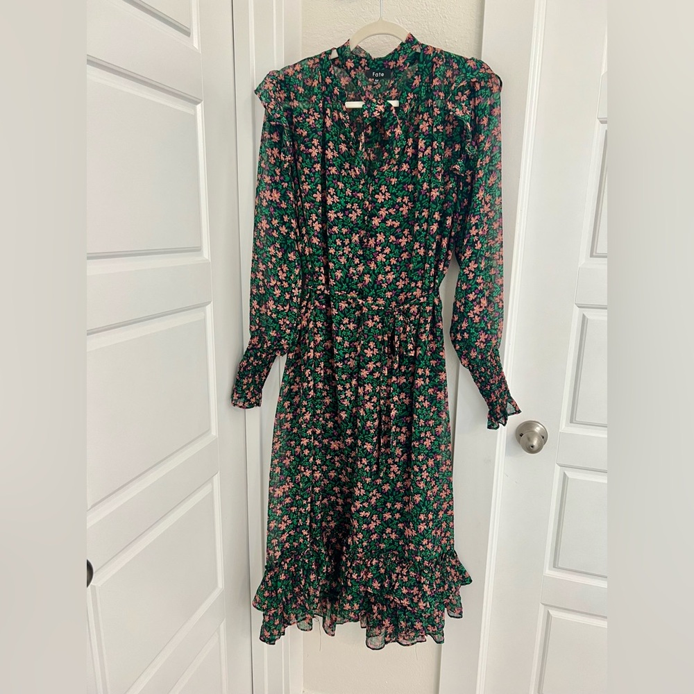 Fate Floral Long Sleeve Midi Dress in Green and Pink